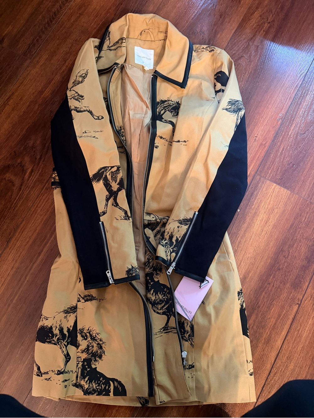 Avec Les Filles Mustard Horse-Print Trench Coat with Black Sleeves